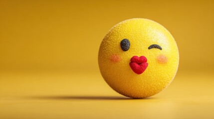 Yellow sphere and red heart with cartoon expressions against a tan background
