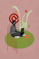 Image banner vertical art collage of happy it-specialist girl guy hold laptop freelancer occupation...