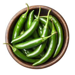 Fresh green chili in wooden bowl top view isolated on transparent background