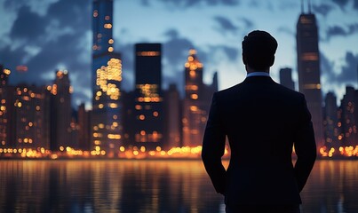 Obraz na płótnie Canvas A businessman gazes out at a vibrant city skyline at dusk