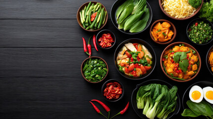 An assortment of fresh asian ingredients and prepared dishes are displayed artfully in bowls on a dark rustic table providing ample copy space for your creation.
