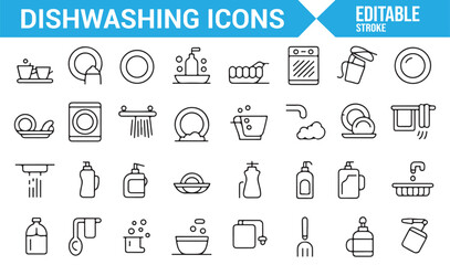 Dishwashing and kitchen cleaning icons for representing household cleaning tasks and hygiene.