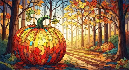Stained glass pumpkin in an autumn forest. Fall season art. Large harvest squash in mosaic style for Thanksgiving and Halloween.