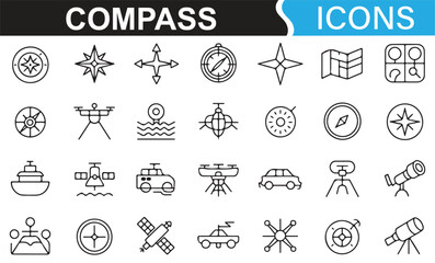 Icons showcasing different types of navigation tools, including compasses and marine equipment.