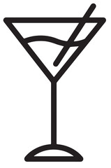 
A minimalist black outline icon of a martini glass with liquid and a straw, on a clean white background, perfect for a bar or cocktail menu.