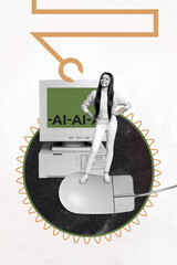 Poster photo vertical collage of happy teenage schoolgirl stand desktop mouse pc monitor artificial...