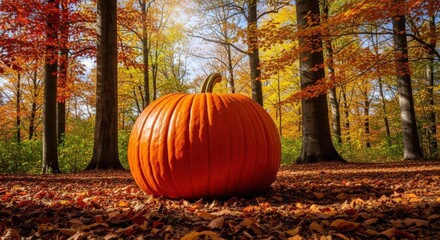 Large orange pumpkin sitting on dry fall leaves in the colorful autumn forest. Seasonal decoration for Thanksgiving Day.
