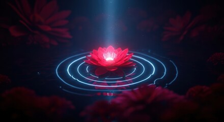 A glowing red lotus flower floating on water with neon blue ripples and light beams. Spiritual floral meditation concept.
