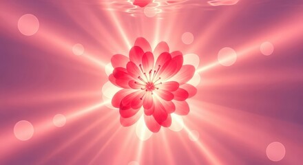 Abstract 3D rendering of illuminated red and pink lotus flower. Graphic design with bokeh effect. Beautiful blossom for meditation.