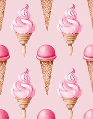 Seamless pattern of pink ice cream in waffle cones with a pastel background. Cute and sweet dessert themed illustration perfect for summer or confectionery designs. AI