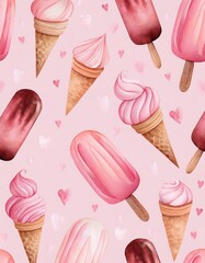 A seamless light pink pattern featuring cute watercolor ice creams, including cones with swirled soft serve and popsicles, surrounded by small hearts, ideal for print or banners. AI