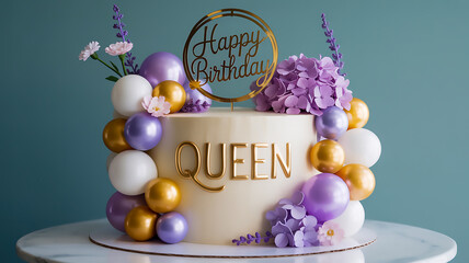 A luxurious birthday cake with a white fondant finish and elegant gold lettering spelling Queen on the front