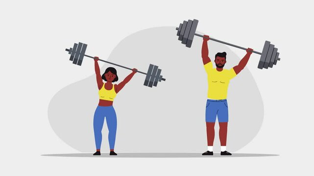 Animated African descent fitness pair lifting heavy barbells together. The woman wears red and yellow gym clothes, the man is in a yellow shirt and blue shorts. Clean neutral background. Great for str