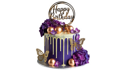 A luxurious drip cake with a deep purple base color and white chocolate drips cascading down the sides