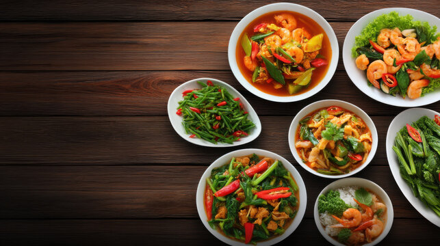 An appetizing display showcases an assortment of vibrant shrimp stir-fries and vegetable dishes on a rustic wooden surface, inviting culinary exploration here.
