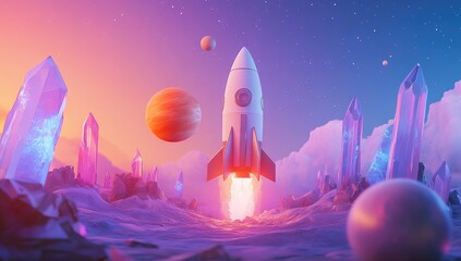 Cosmic rocket launch amidst crystalline landscape