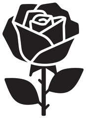 A bold, stylized black silhouette of a blooming rose with a stem and two leaves, highlighting its petals with white outlines, ideal for a stencil or logo.