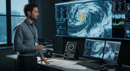 Man in weather center analyzing hurricane data on monitors and radar equipment in a dark room