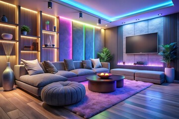 Modern living room interior with sectional sofa, LED lighting, and flat-screen TV