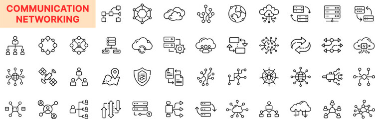 Communication and Networking Line Icon Design Featuring Cloud Connections, Servers, Data Sharing, Nodes, Signals, Maps, Digital Flowcharts, Firewalls, Arrows, Web Access, and Secure Transfers