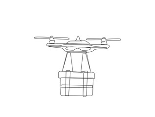 Delivery cargo drone in single line draw illustration. Continuous one line drawing of drone shipment, Editable stroke.