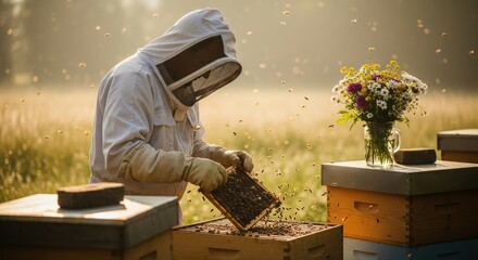 Beekeeper inspecting a honeycomb frame surrounded by bees in a field with flowers and beehives