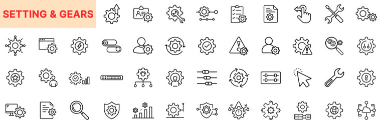 Settings and Gears Line Icon Design Featuring Gear Wheels, Tools, Adjustments, System Preferences, Sliders, User Configurations, Wrenches, Shields, Data Controls, Toggles, and Optimization Elements