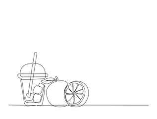Orange juice in single line draw illustration. Continuous one line drawing of fresh orange juice, Editable stroke.