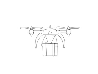 Delivery cargo drone in single line draw illustration. Continuous one line drawing of drone shipment, Editable stroke.