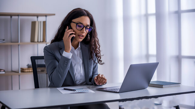 A professional office scene with a woman in a gray business suit and white button-up shirt sitting at a white desk, engaged in a phone conversation