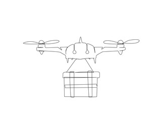 Delivery cargo drone in single line draw illustration. Continuous one line drawing of drone shipment, Editable stroke.