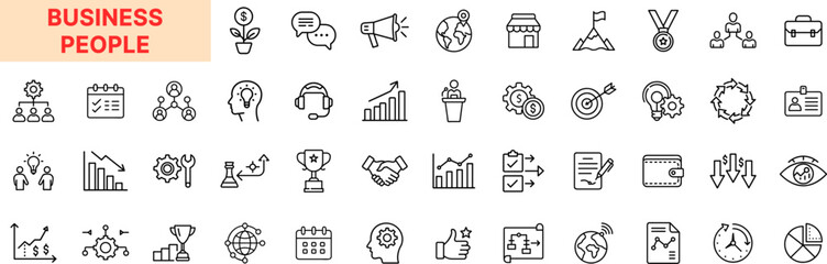 Business People Line Icon Design Featuring Presentations, Growth Charts, Headsets, Megaphones, Handshakes, Goals, Gears, Calendars, Trophies, Communication, Teamwork, and Leadership Elements
