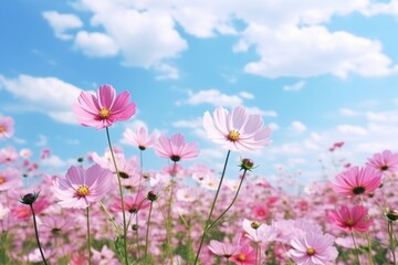 Pink flowers in a field on the background of the sky