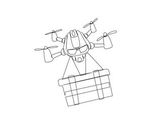 Delivery cargo drone in single line draw illustration. Continuous one line drawing of drone shipment, Editable stroke.