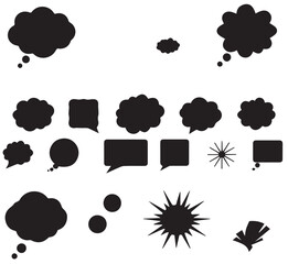 
A versatile collection of solid black thought bubbles, speech balloons, and expressive shapes, ideal for conveying dialogue, ideas, and reactions in graphic design.