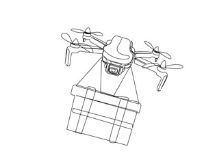 Delivery cargo drone in single line draw illustration. Continuous one line drawing of drone shipment, Editable stroke.