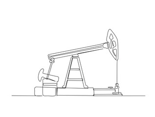 Oil pumpjack in single line draw illustration. Continuous one line drawing of Land oil drilling rig, Editable stroke.