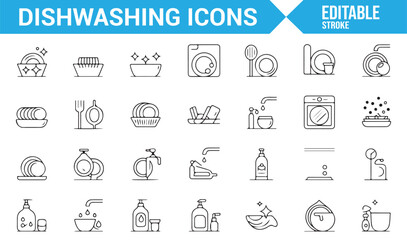 Icons for washing dishes, utensils, and cleaning tools in the kitchen and household setting.