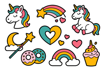 Vector art of a set of colorful unicorn and fantasy themed stickers isolated on white background