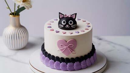 A white cylindrical cake with purple and black accents