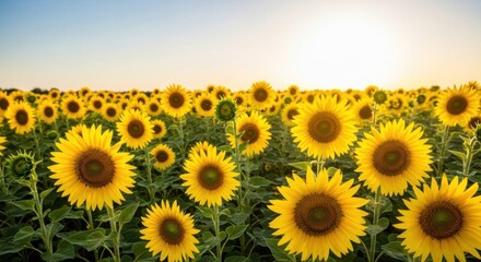 Obraz premium Vast field of blooming sunflowers under a bright blue sky during golden hour