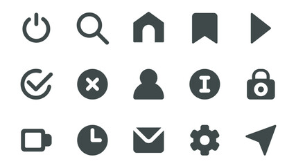 Interface essential glyph icons pack for web design. Solid icon set with basic buttons, power on off, search, home, bookmark, play, approval, decline, info and more pictograms. Vector illustration.