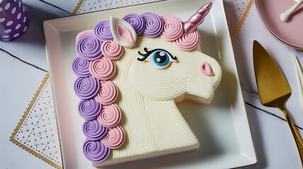 Fototapeta premium A white square-shaped cake decorated as a unicorn head, photographed from above on a white square plate