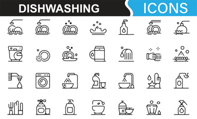 Dishwashing and home chores icons for cleaning, drying, and organizing kitchenware.