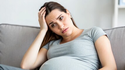Pregnant constipation concept. A pregnant woman looks worried while sitting on a couch, holding her head in distress, conveying feelings of anxiety and uncertainty.