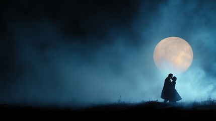 Romantic Couple Silhouette with Moonlit Embrace with Misty Night Landscape, and Dark Fantasy.