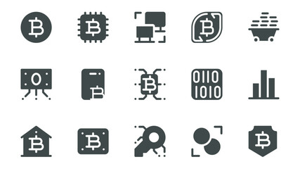 Cryptocurrency glyph icons pack for web design. Solid icon set with bitcoin, crypto coin, virtual currency exchange, finance, blockchain, mining, banking and more pictograms. Vector illustration.