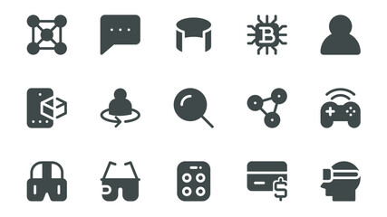 Metaverse glyph icons pack for web design. Solid icon set with cyberspace, online connection, simulation, computer, avatar, bitcoin, cyber game, vr glasses and more pictograms. Vector illustration.