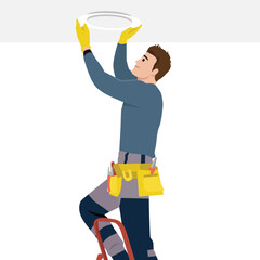 Electrician in work gear stands on a ladder, installing or repairing a ceiling light with focus. Flat vector illustration isolated on white background