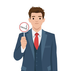 Well dressed man in a suit and red tie firmly holds a no smoking sign, promoting clean environment. Flat vector illustration isolated on white background